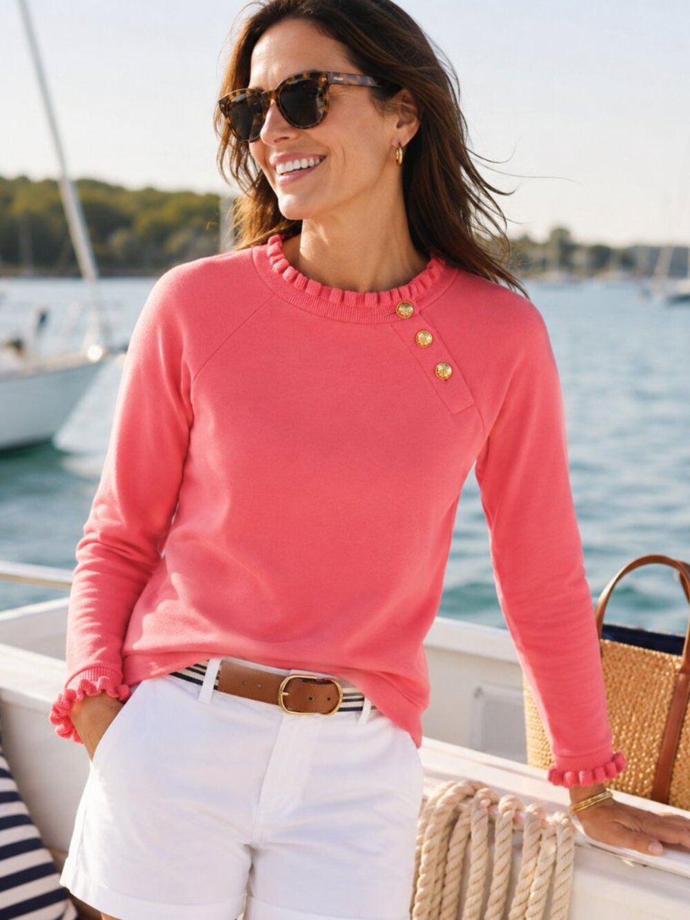 Talbots SZ L 100% Cotton Ruffle Trim Raglan Sweatshirt Coral Pink Gold Buttons